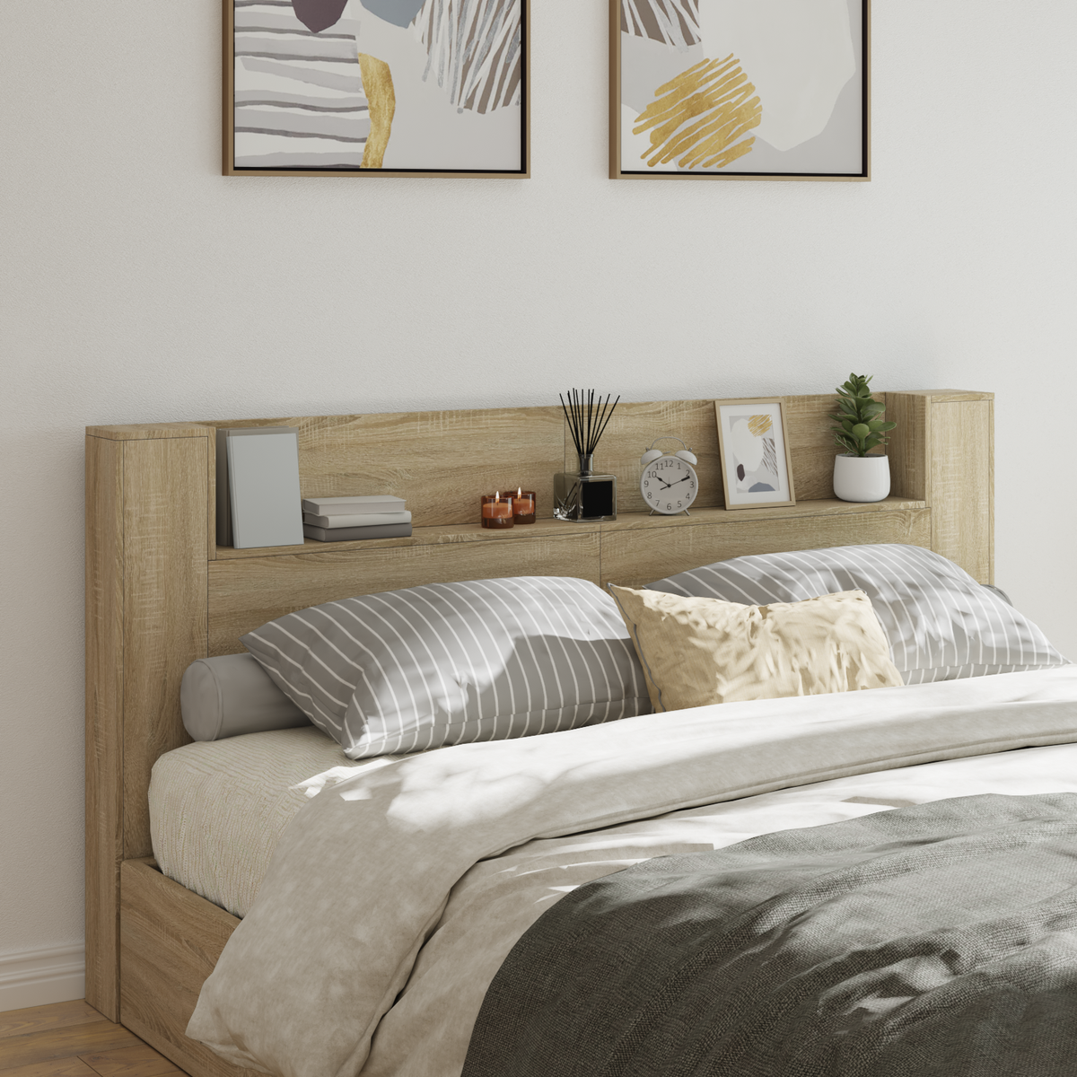 Storage Headboard with LED Sonoma Oak Engineered Wood