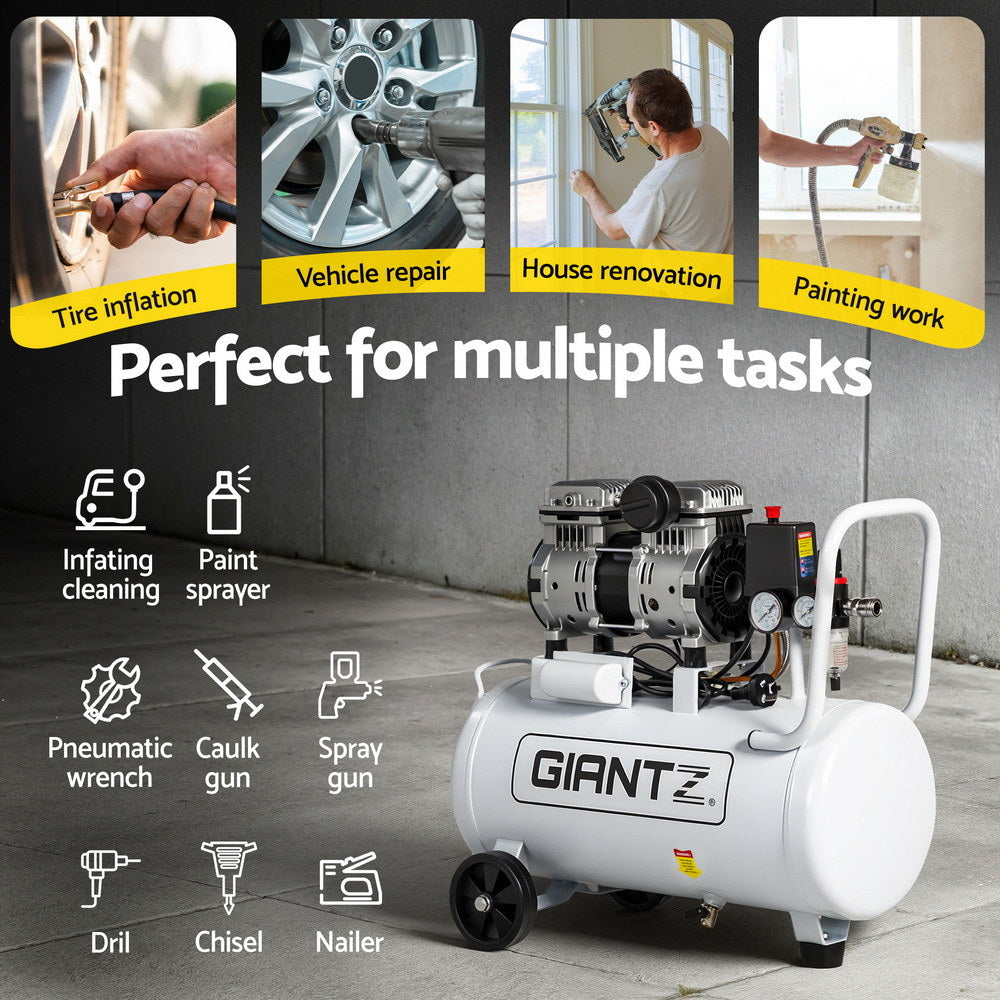 Giantz 30L Air Compressor Quiet 0.75HP Oil-Free Portable Tyre Inflator 40L/Min