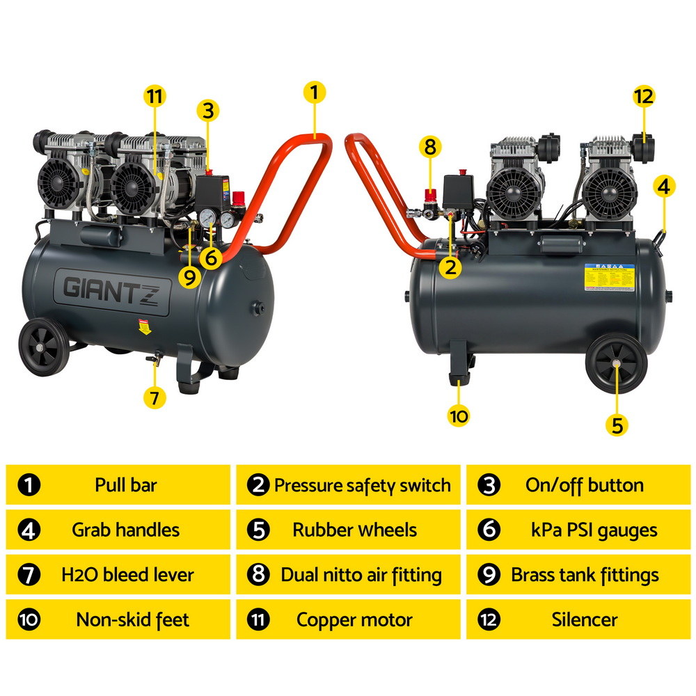 Giantz 50L Air Compressor Quiet 3.0HP Oil-Free Portable Tyre Inflator 200L/Min
