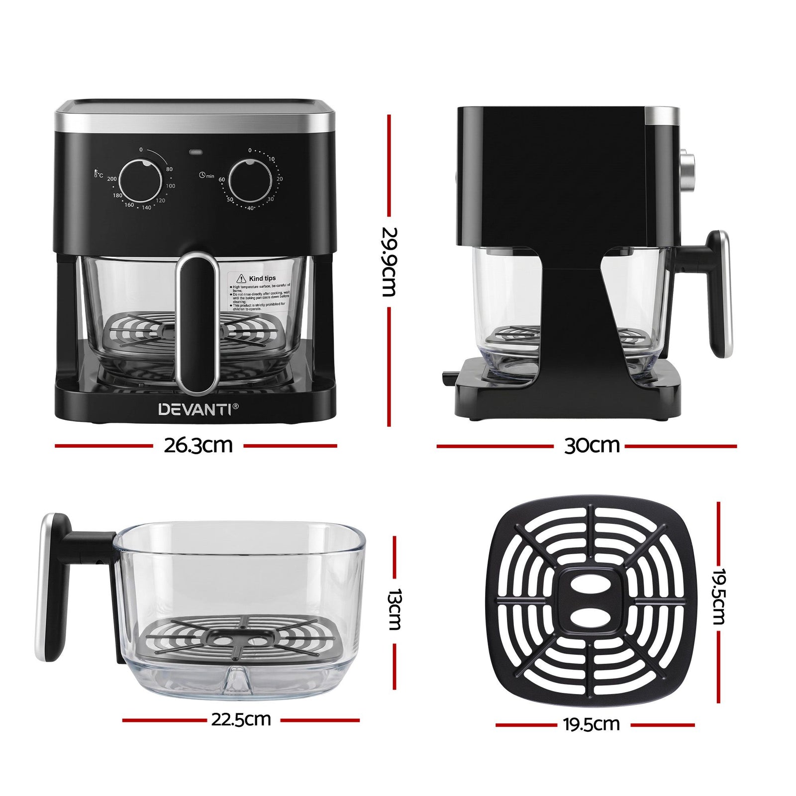 Devanti 4.5L Glass Air Fryer Kitchen Oven Knob Control 1350W Healthy Cooker Black