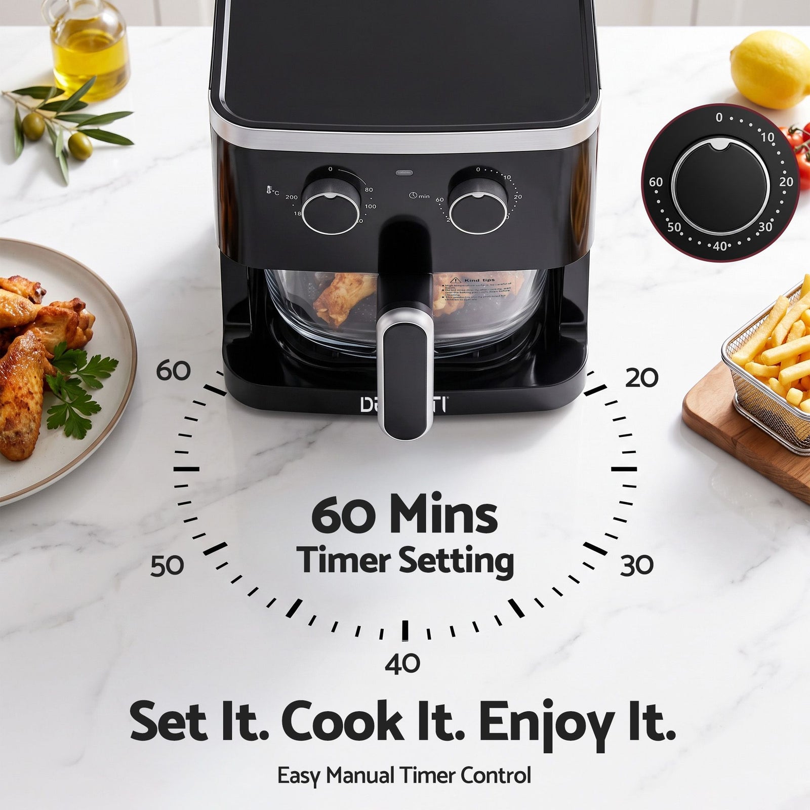 Devanti 4.5L Glass Air Fryer Kitchen Oven Knob Control 1350W Healthy Cooker Black