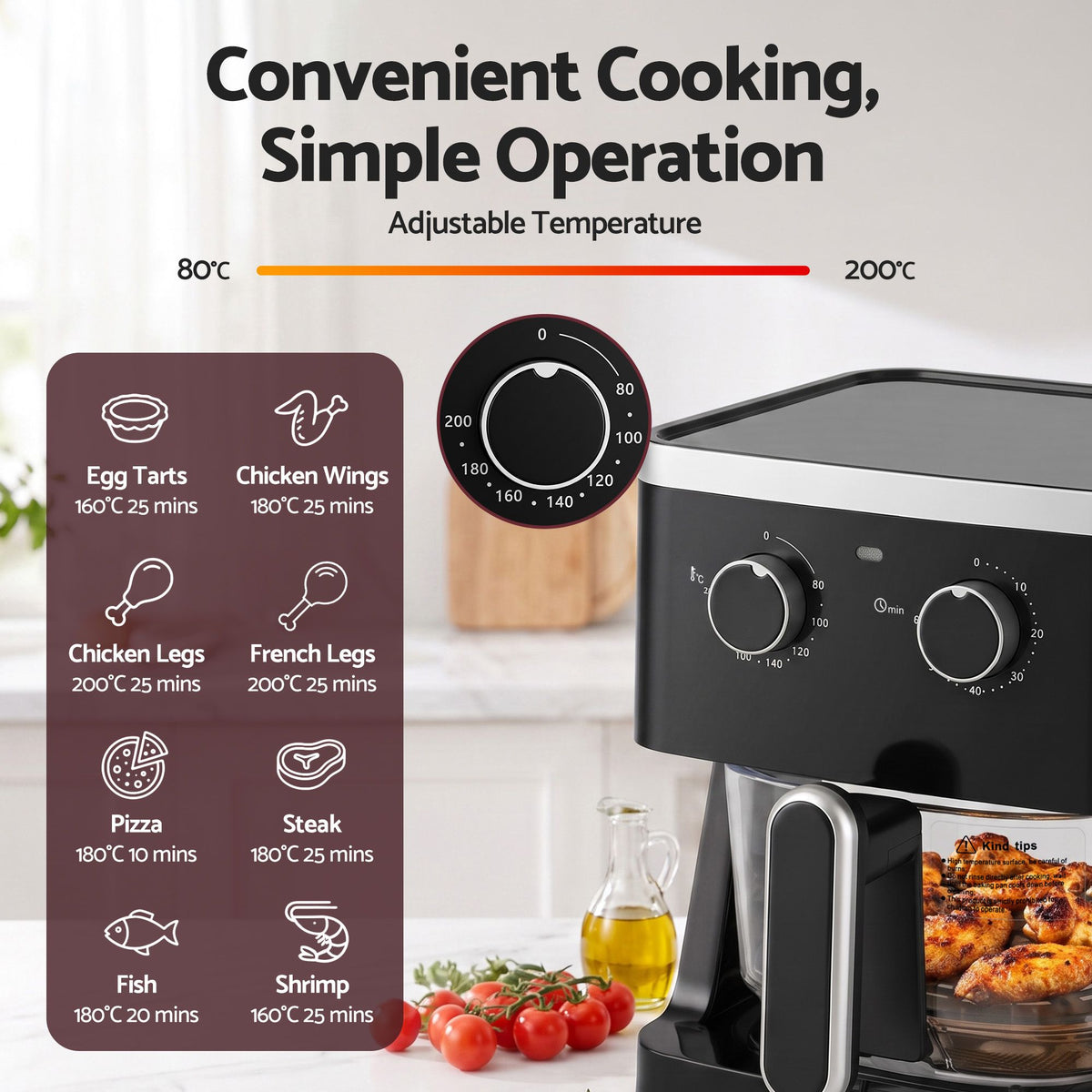 Devanti 4.5L Glass Air Fryer Kitchen Oven Knob Control 1350W Healthy Cooker Black