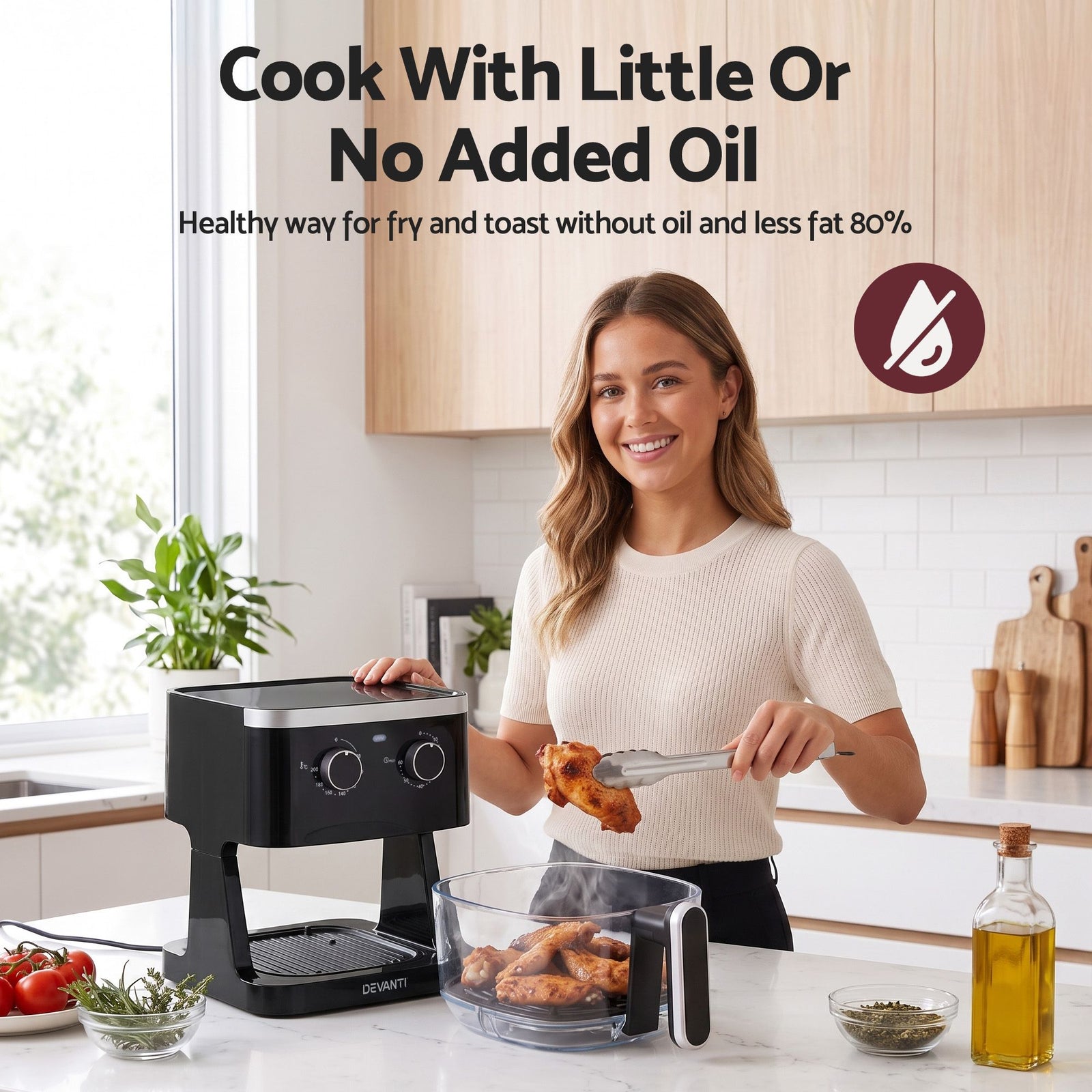 Devanti 4.5L Glass Air Fryer Kitchen Oven Knob Control 1350W Healthy Cooker Black