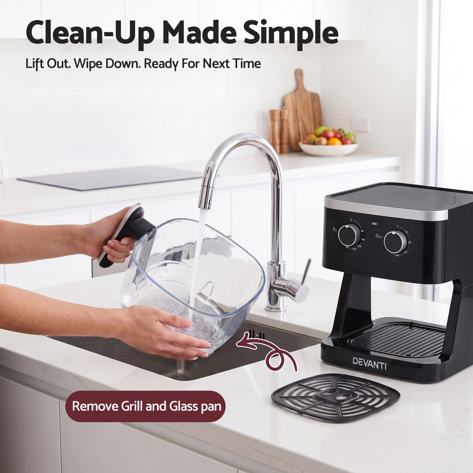 Devanti 4.5L Glass Air Fryer Kitchen Oven Knob Control 1350W Healthy Cooker Black