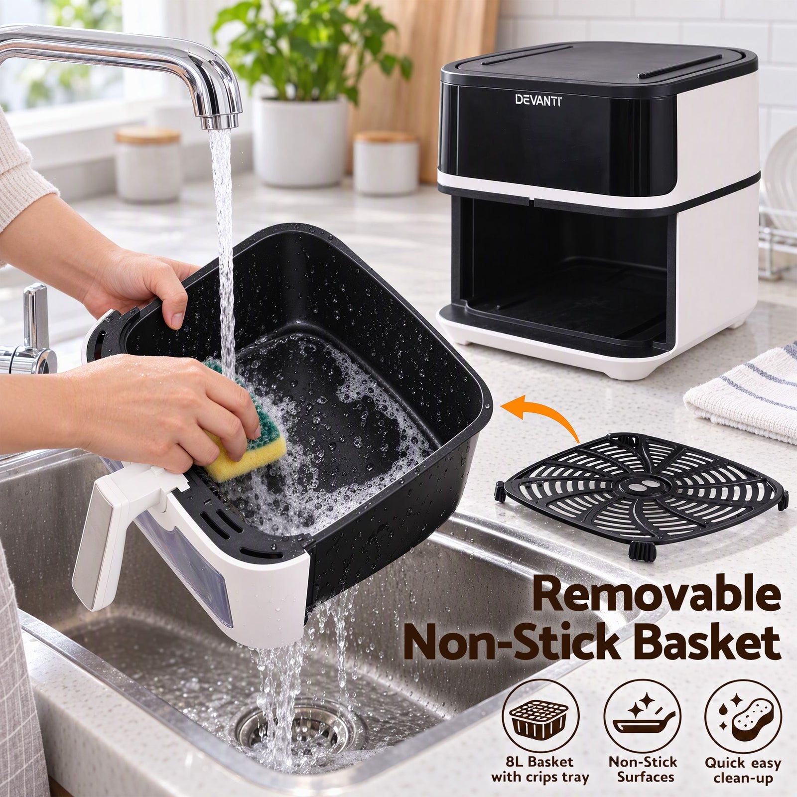 Devanti 8L Air Fryer BBQ Grill 2-in-1 Flip 1650W Touch Control Oil Free White