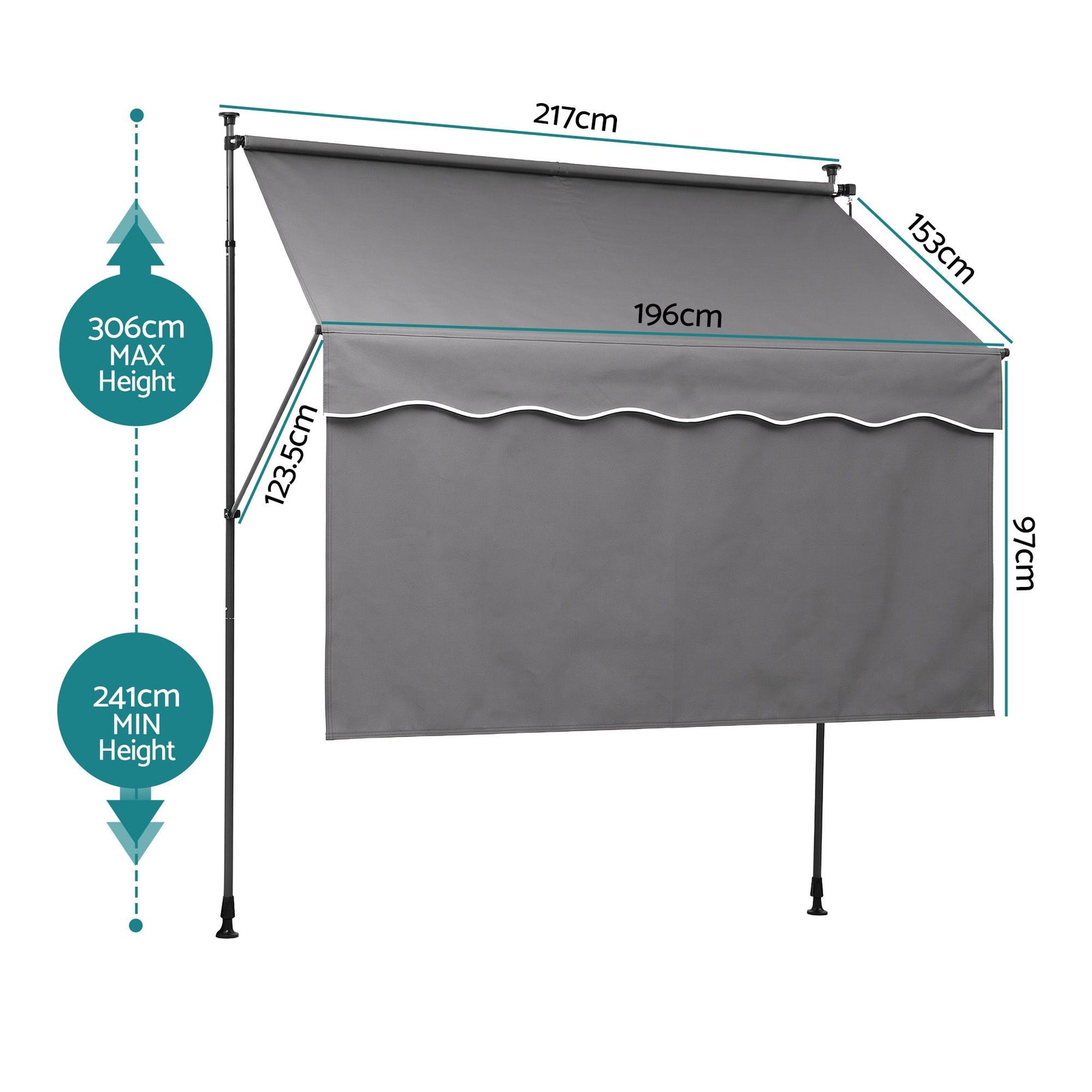 Instahut 2.1M x 1.8M Manual Pivot Arm Awning With Front Curtain Grey