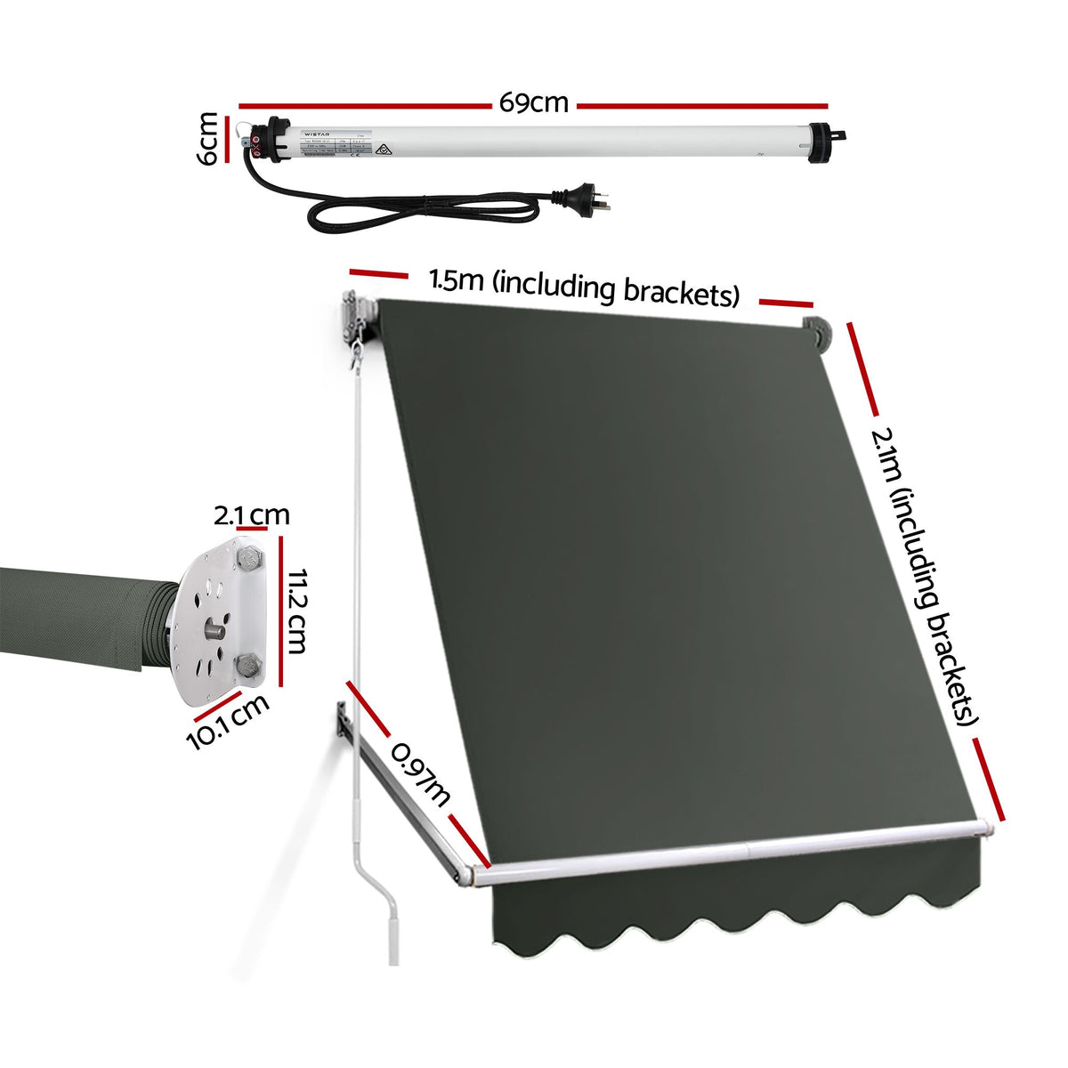 Instahut Motorised Pivot Arm Awning Window Sun Shade 1.5 X 2.1M Grey