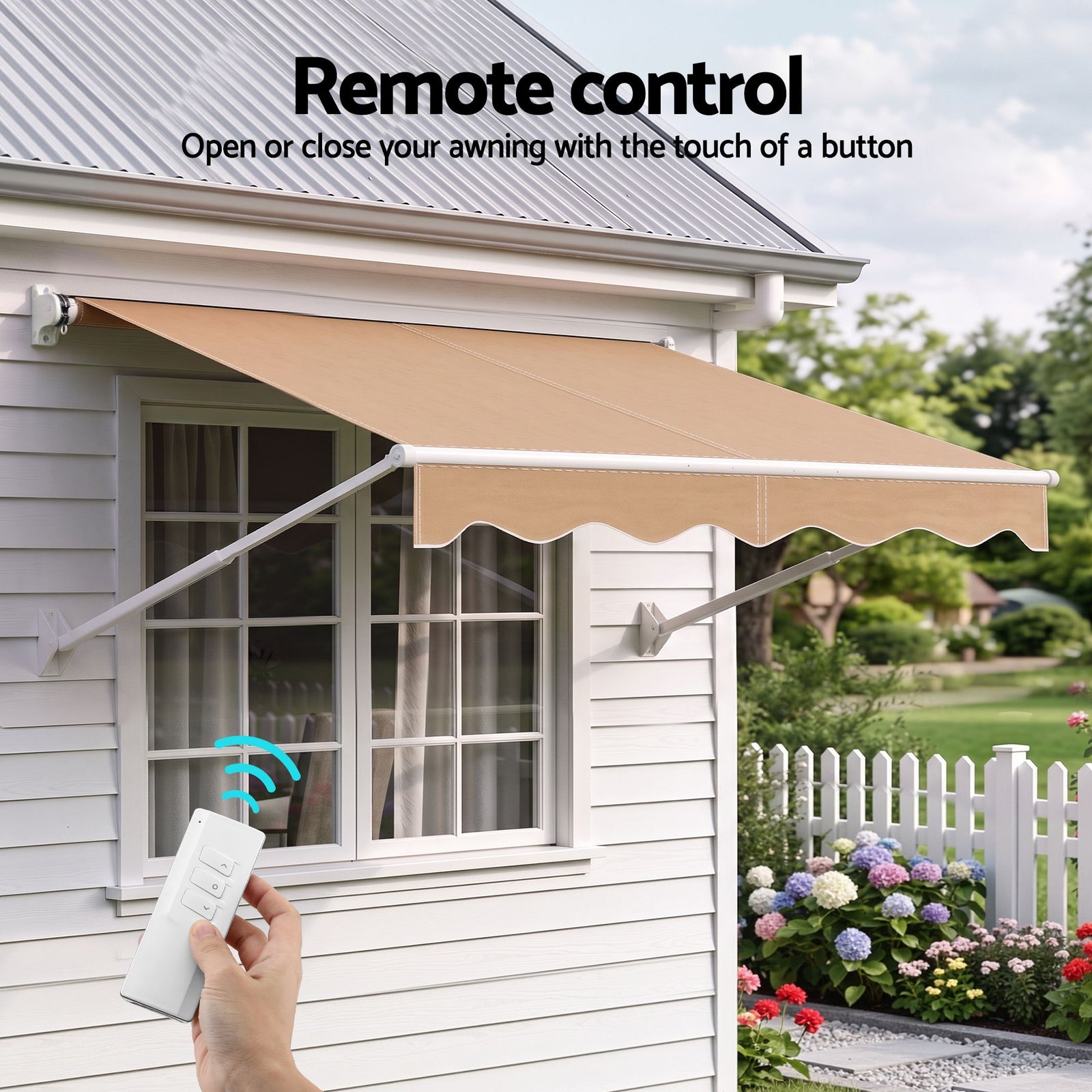 Instahut Motorised Pivot Arm Awning Window Sun Shade 2.1 X 2.1M Beige