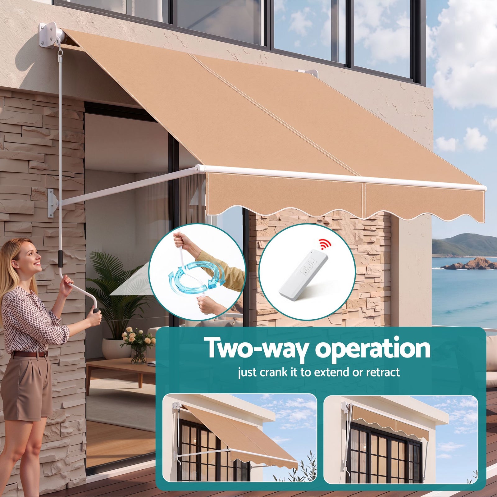 Instahut Motorised Pivot Arm Awning Window Sun Shade 2.1 X 2.1M Beige