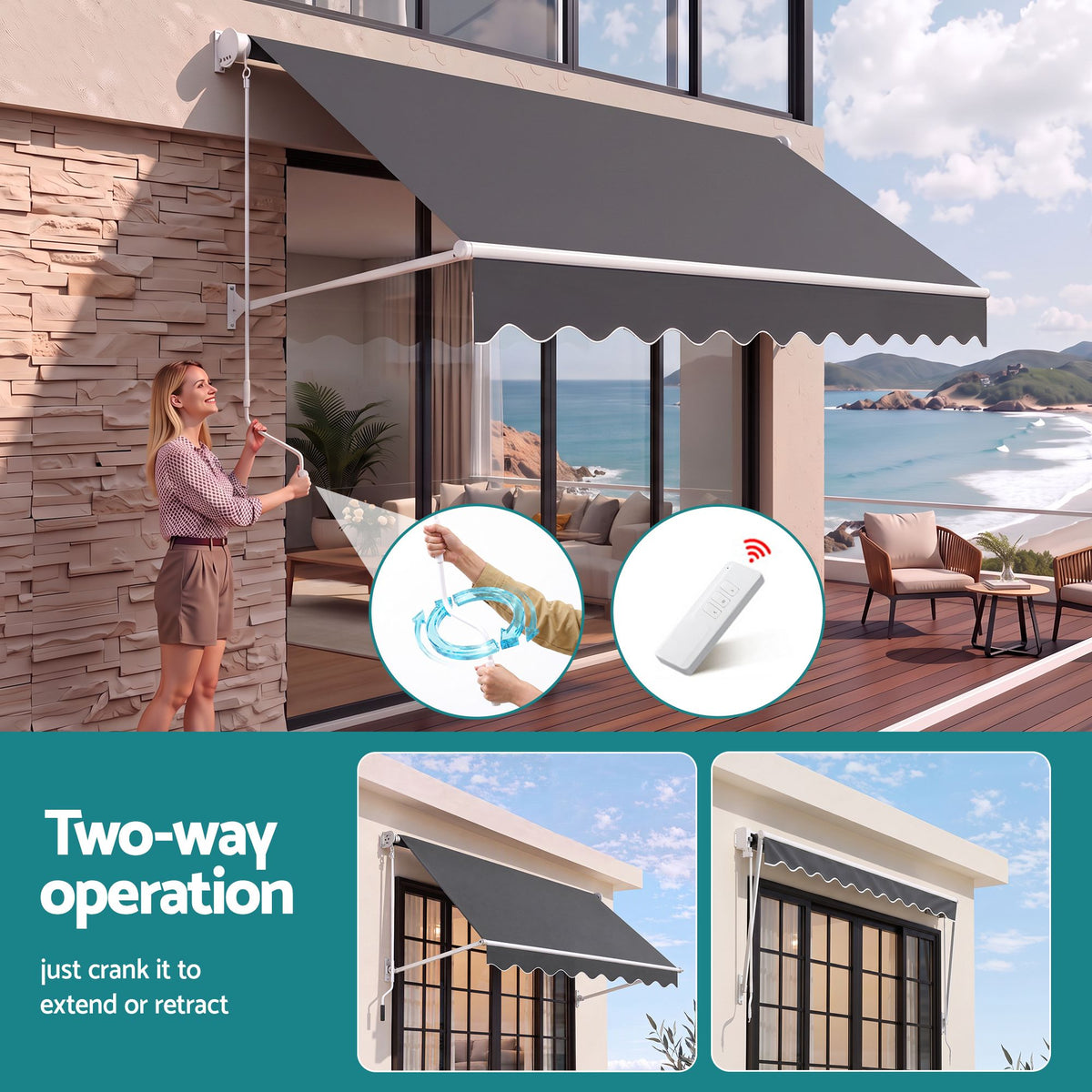 Instahut Motorised Pivot Arm Awning Window Sun Shade 3.1 X 2.1M Grey
