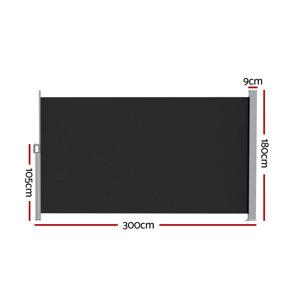 Instahut Side Awning Sun Shade Outdoor Retractable Privacy Screen 1.8X3M Black