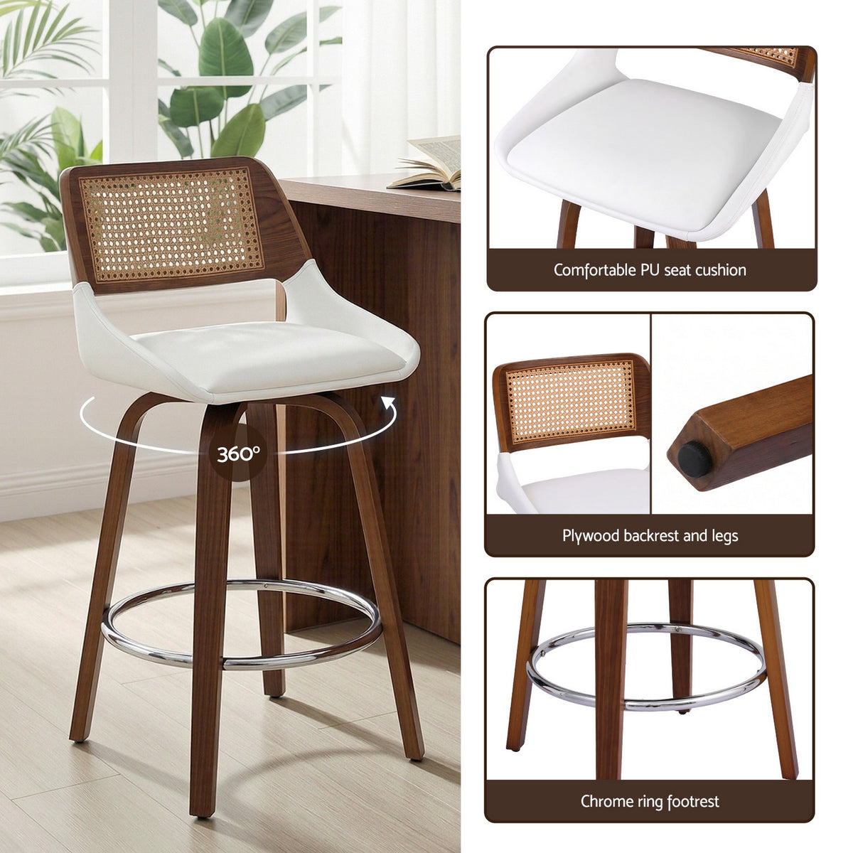 Artiss Wooden Bar Stools Set of 4 Swivel Kitchen Counter Stool Chair 60cm Seat Height