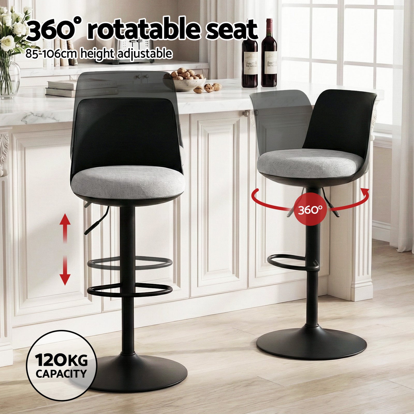 Artiss 2x Bar Stools Kitchen Swivel Gas Lift Counter Dining Chair Curved Black