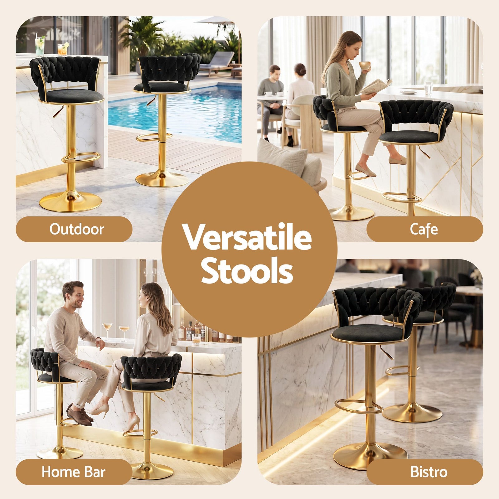 Artiss Bar Stool X1 Gas Lift Adjustable Velvet Woven Backrest Vivien Black