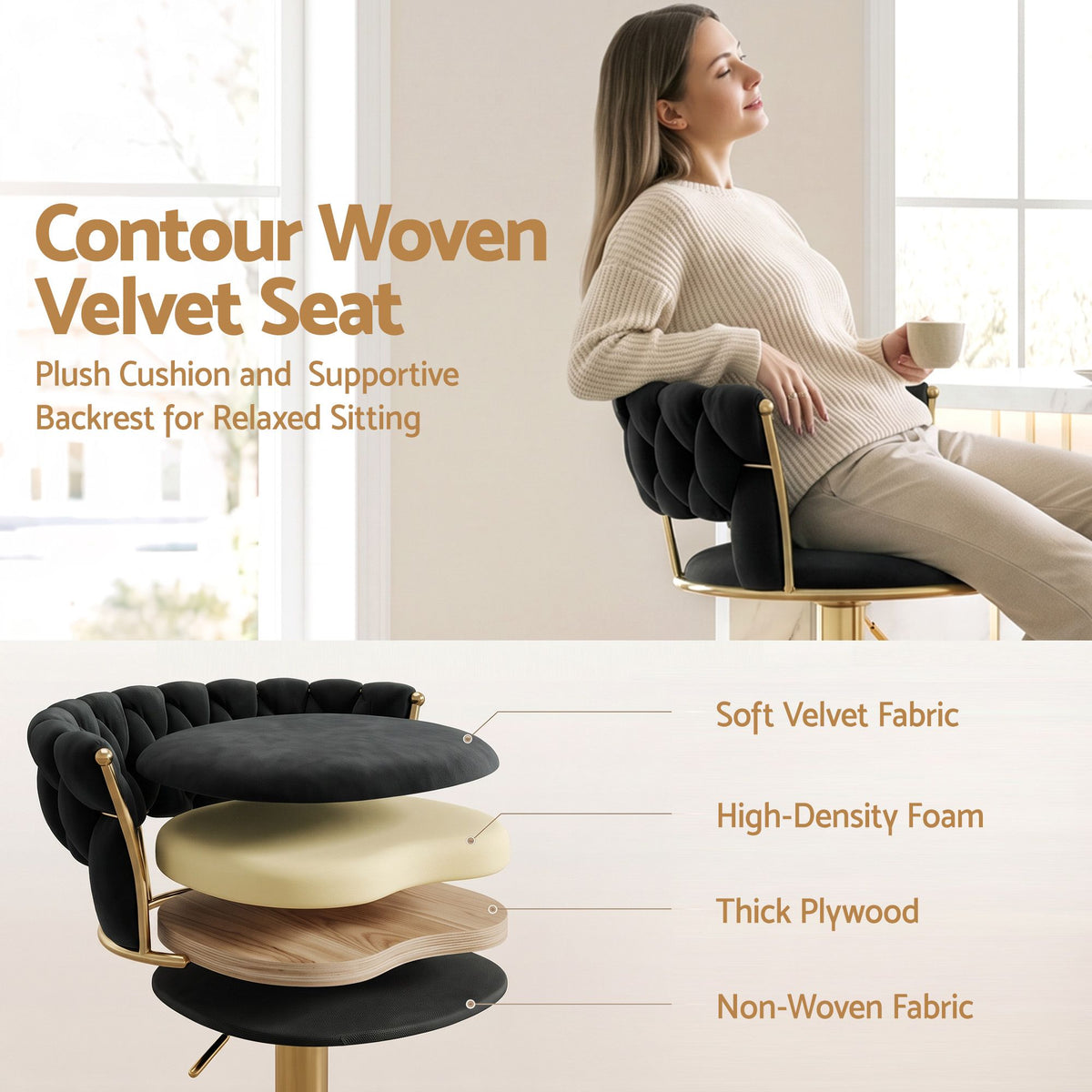 Artiss 3x Bar Stools Gas Lift Adjustable Velvet Woven Backrest Vivien Black