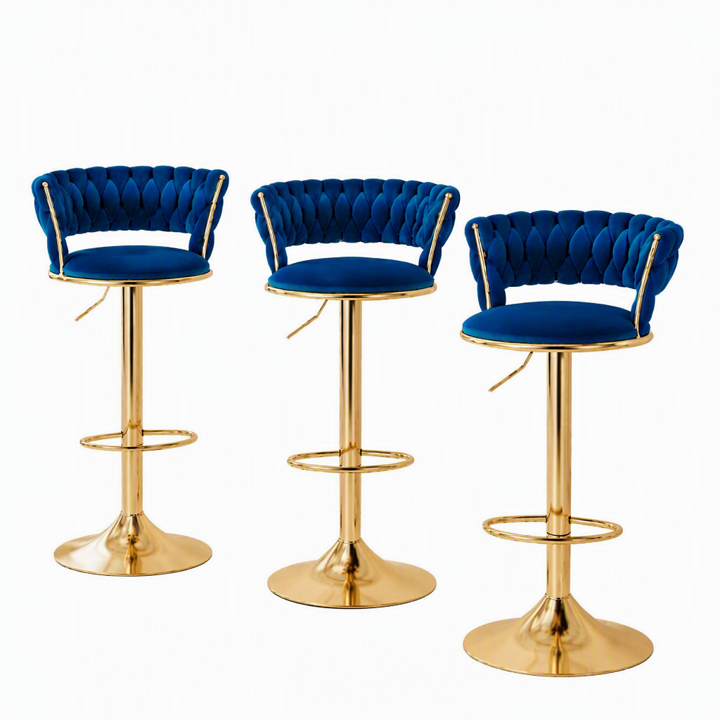 Artiss Bar Stools X3 Kitchen Counter Chair Gas Lift Velvet Woven Backrest Navy