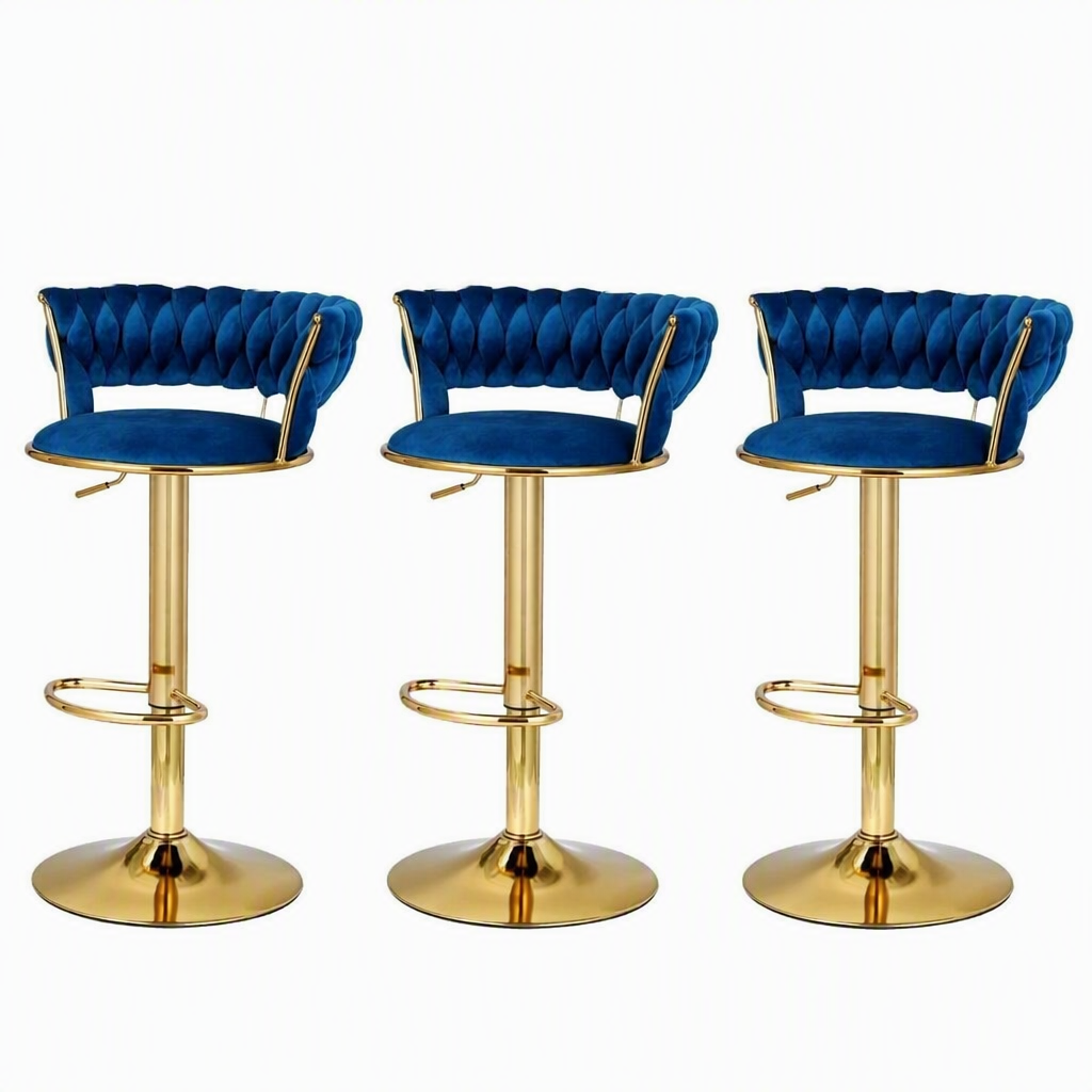 Artiss Bar Stools X3 Kitchen Counter Chair Gas Lift Velvet Woven Backrest Navy
