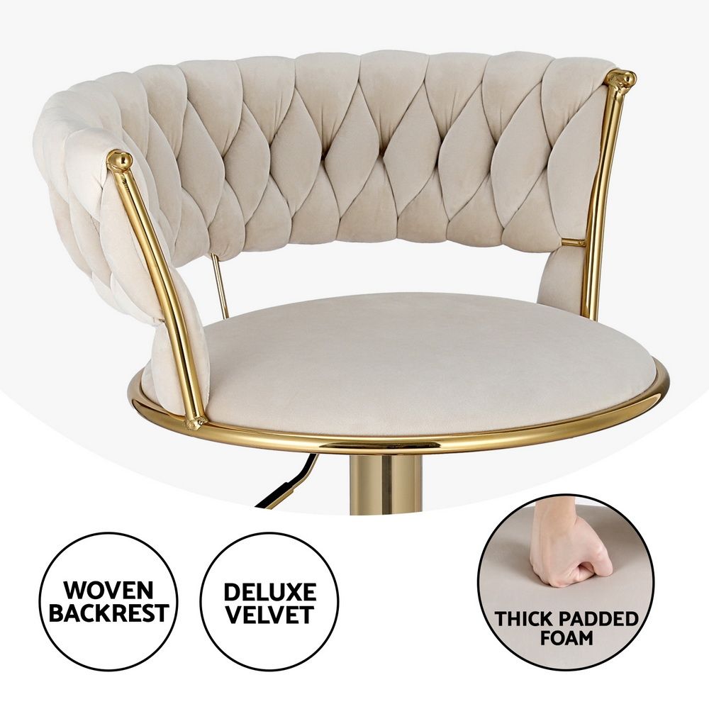 Artiss Bar Stools X3 Kitchen Counter Chair Gas Lift Velvet Woven Backrest Ivory
