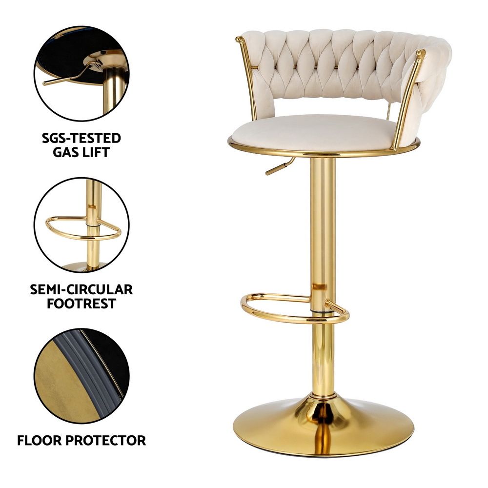 Artiss Bar Stools X3 Kitchen Counter Chair Gas Lift Velvet Woven Backrest Ivory