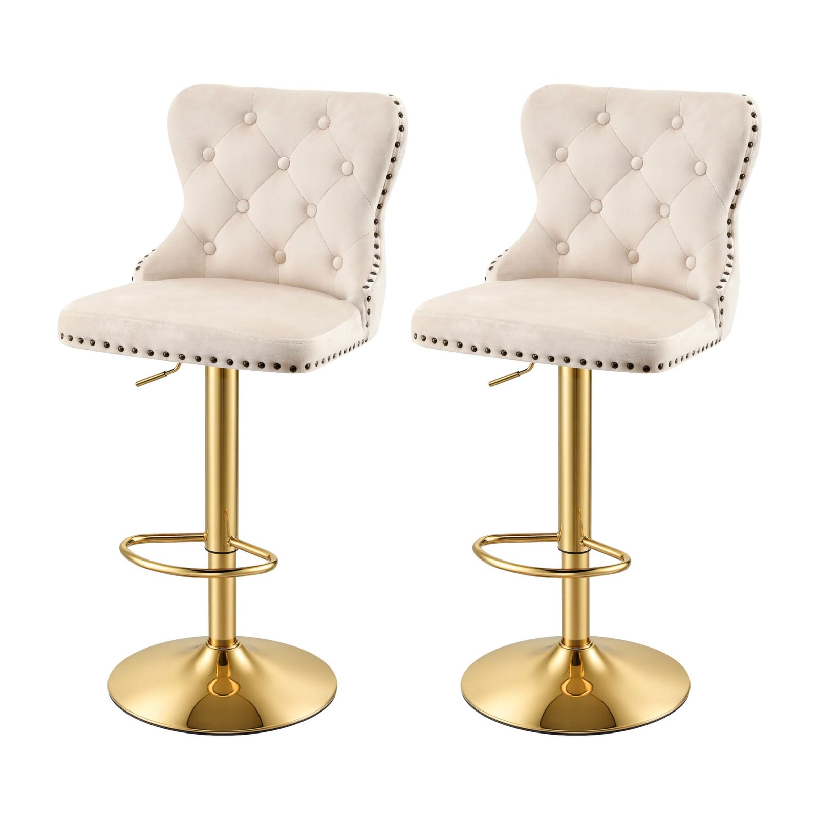 Artiss 2x Bar Stools Counter Chair Kitchen Adjustable Nailhead Trim Velvet Ivory