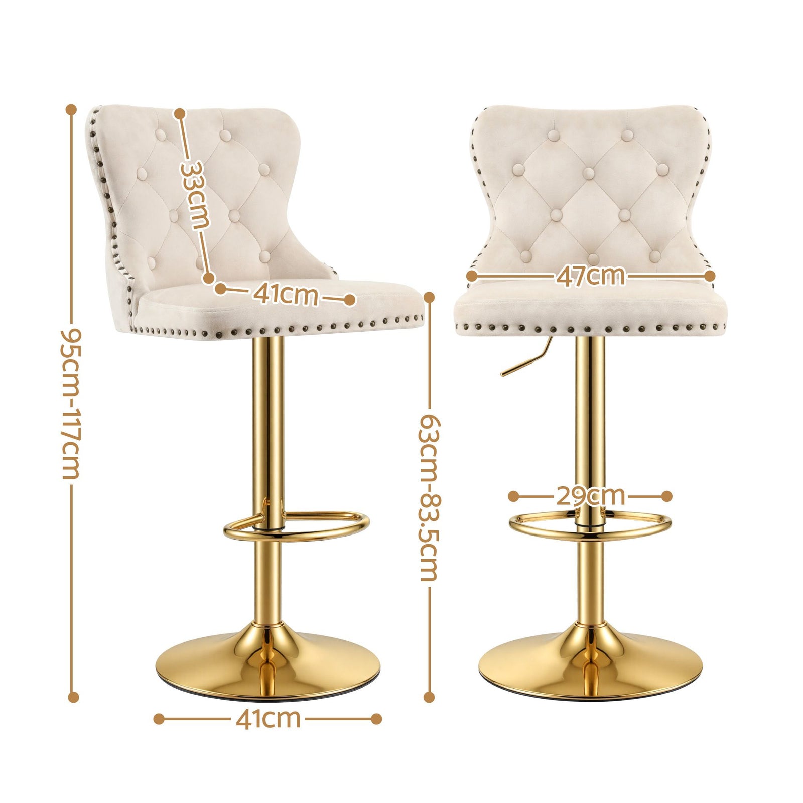Artiss 2x Bar Stools Counter Chair Kitchen Adjustable Nailhead Trim Velvet Ivory