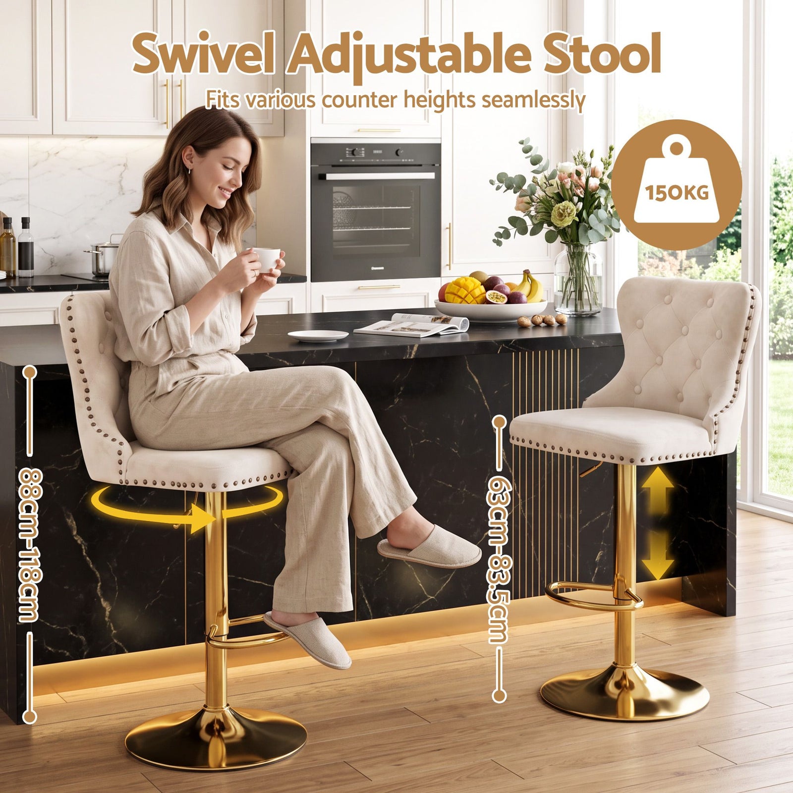 Artiss 2x Bar Stools Counter Chair Kitchen Adjustable Nailhead Trim Velvet Ivory
