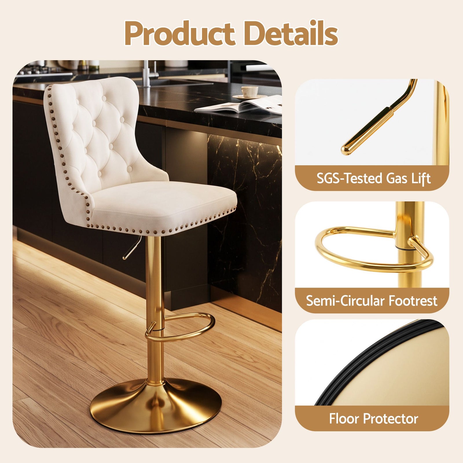 Artiss 2x Bar Stools Counter Chair Kitchen Adjustable Nailhead Trim Velvet Ivory