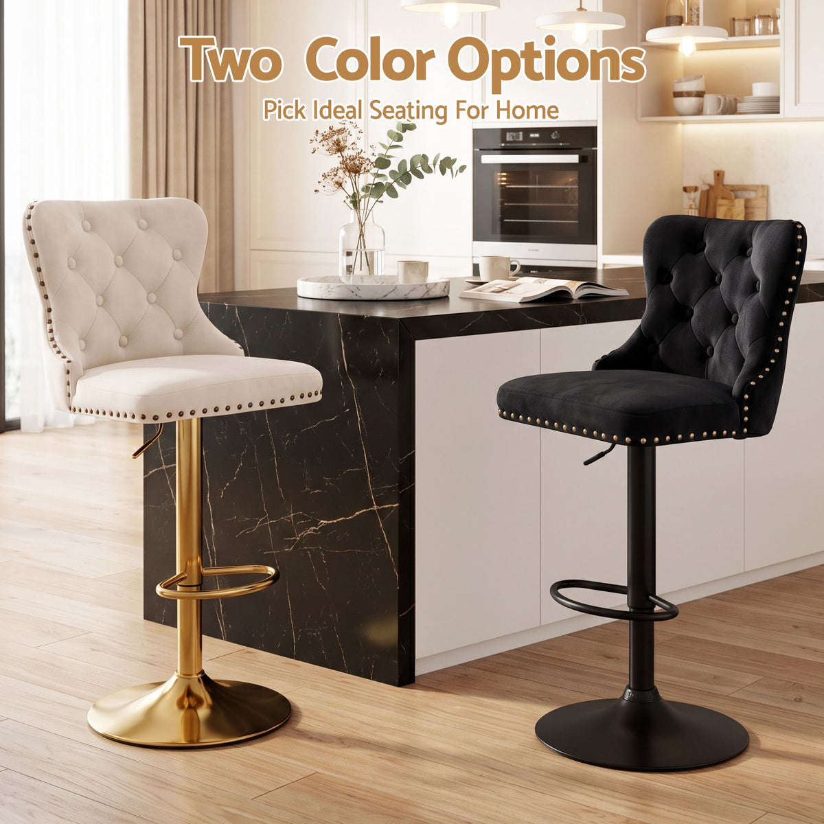Artiss 2x Bar Stools Counter Chair Kitchen Adjustable Nailhead Trim Velvet Ivory