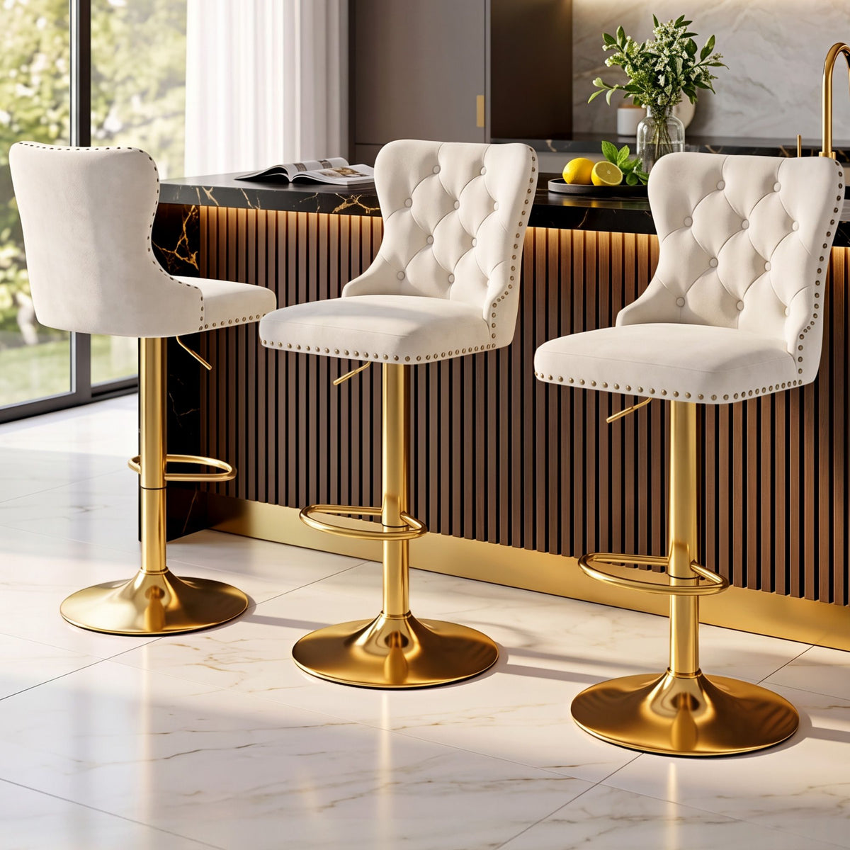 Artiss 3x Bar Stools Counter Chair Kitchen Adjustable Nailhead Trim Velvet Ivory