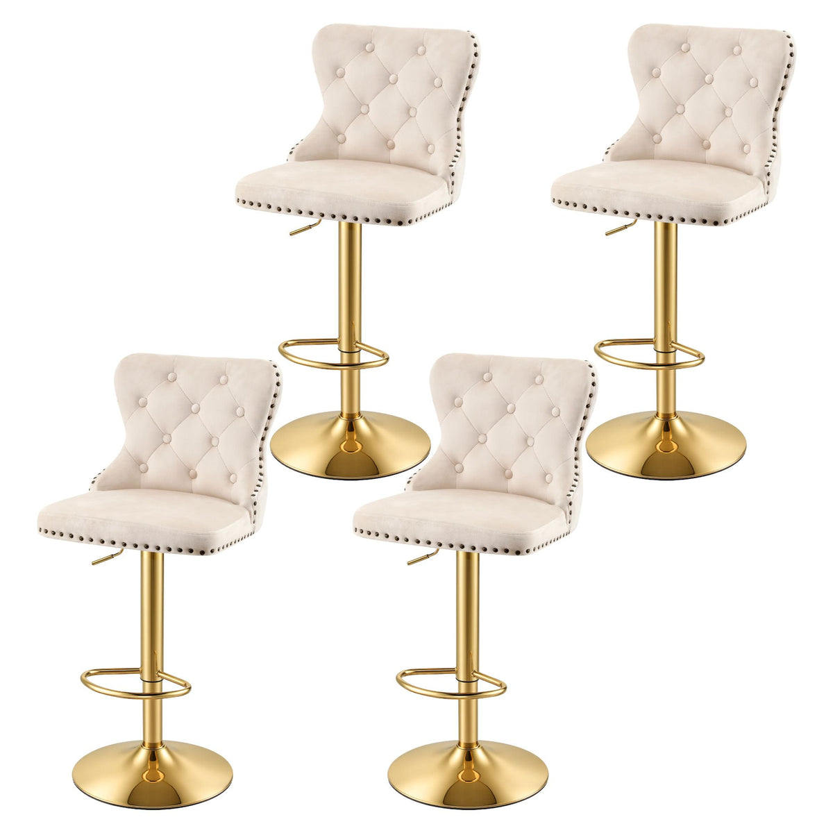 Artiss 4x Bar Stools Counter Chair Kitchen Adjustable Nailhead Trim Velvet Ivory