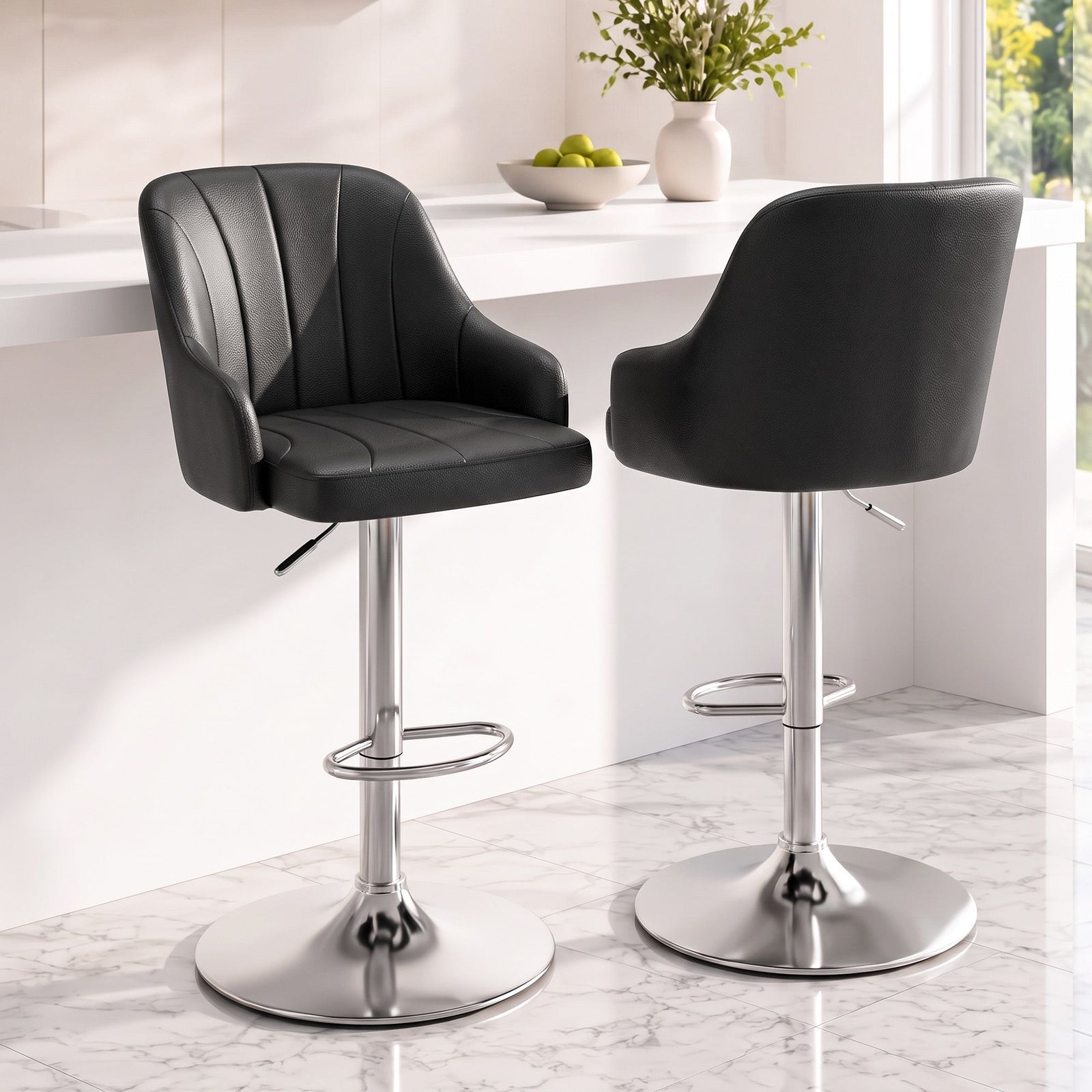 Artiss Bar Stool X2 Gas Lift Adjustable Curved Striped Backrest PU Leather Black