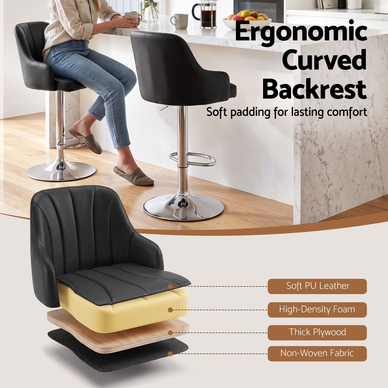 Artiss Bar Stool X2 Gas Lift Adjustable Curved Striped Backrest PU Leather Black