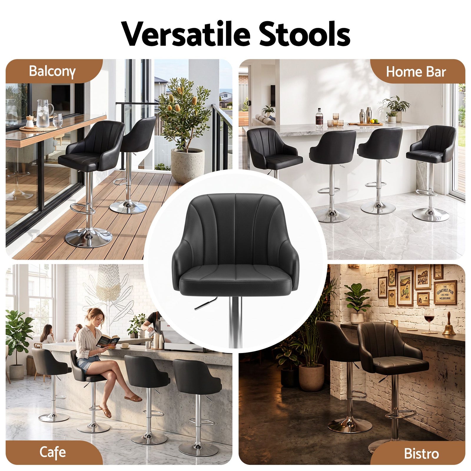 Artiss Bar Stool X4 Gas Lift Adjustable Curved Striped Backrest PU Leather Black
