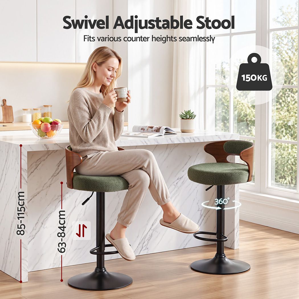 Artiss 2x Bar Stools Counter Chair Gas Lift Swivel Kitchen Bentwood Boucle Green