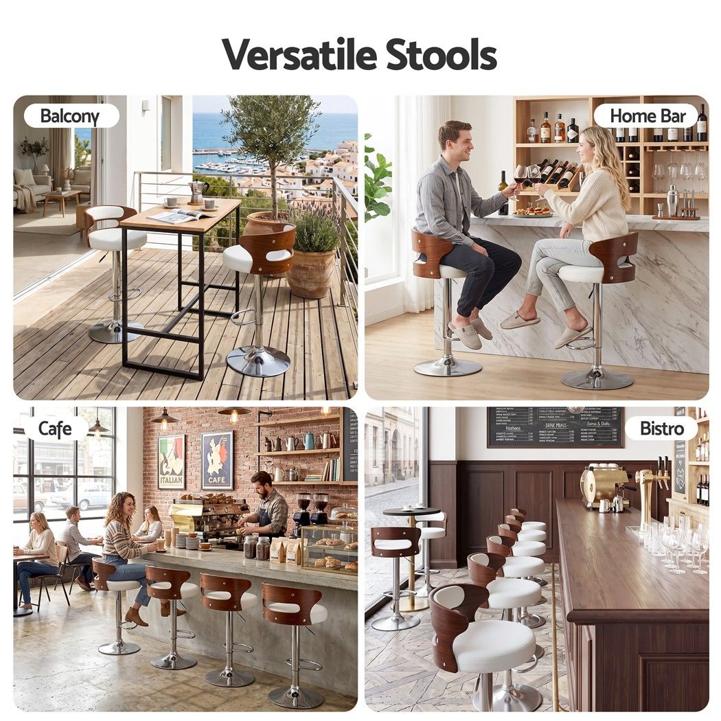 Artiss 2x Bar Stools Counter Chair Kitchen Bentwood Gas Lift PU Leather White