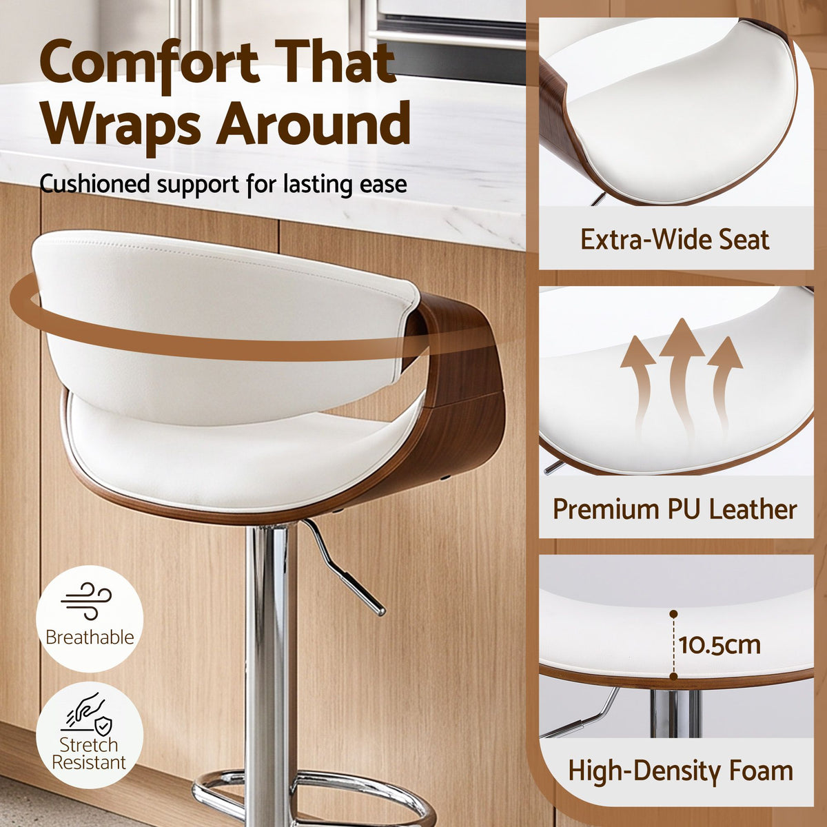 Artiss 2x Bar Stools Counter Chair Ambrus Swivel Adjustable Bentwood PU White