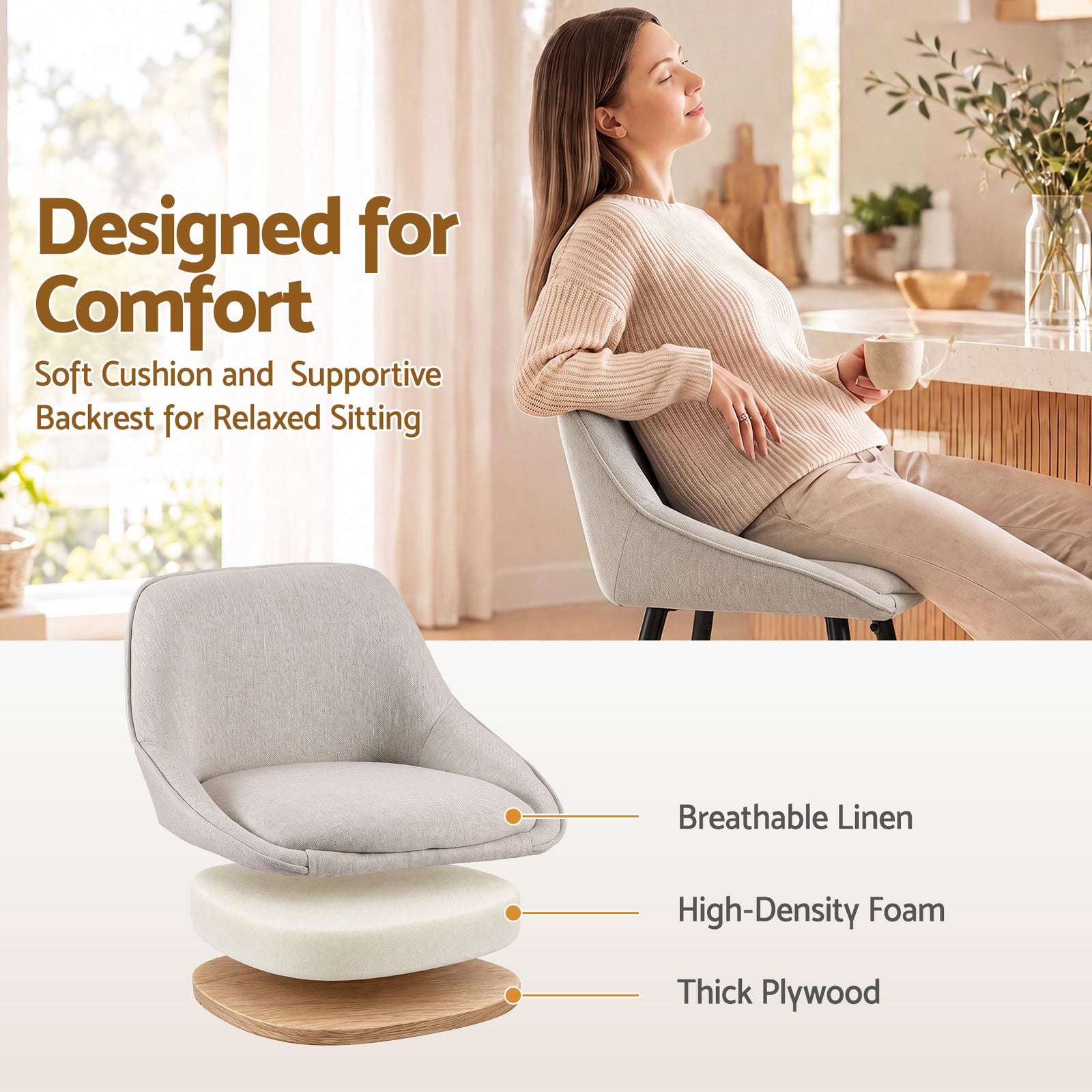 Artiss Bar Stools Set of 2 Linen Upholstered Counter Chairs with Back Padded Seat Beige