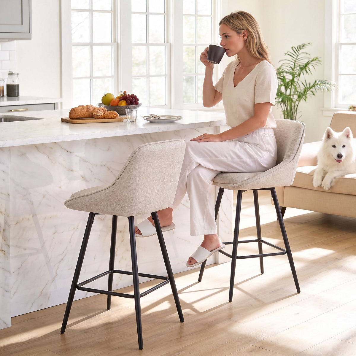Artiss Bar Stools Set of 2 Linen Upholstered Counter Chairs with Back Padded Seat Beige
