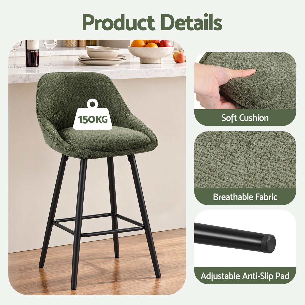 Artiss Bar Stools Set of 2 Linen Upholstered Counter Chairs with Back Padded Seat Green
