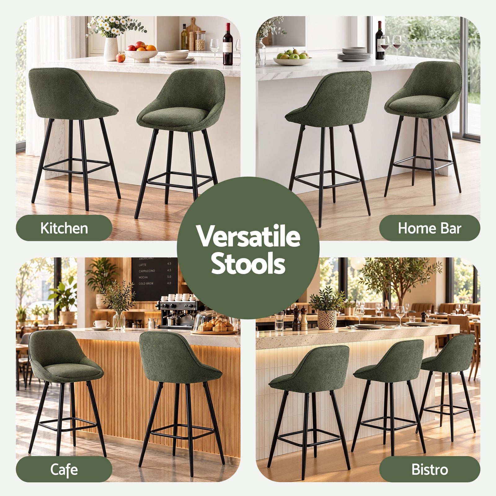 Artiss Bar Stools Set of 2 Linen Upholstered Counter Chairs with Back Padded Seat Green
