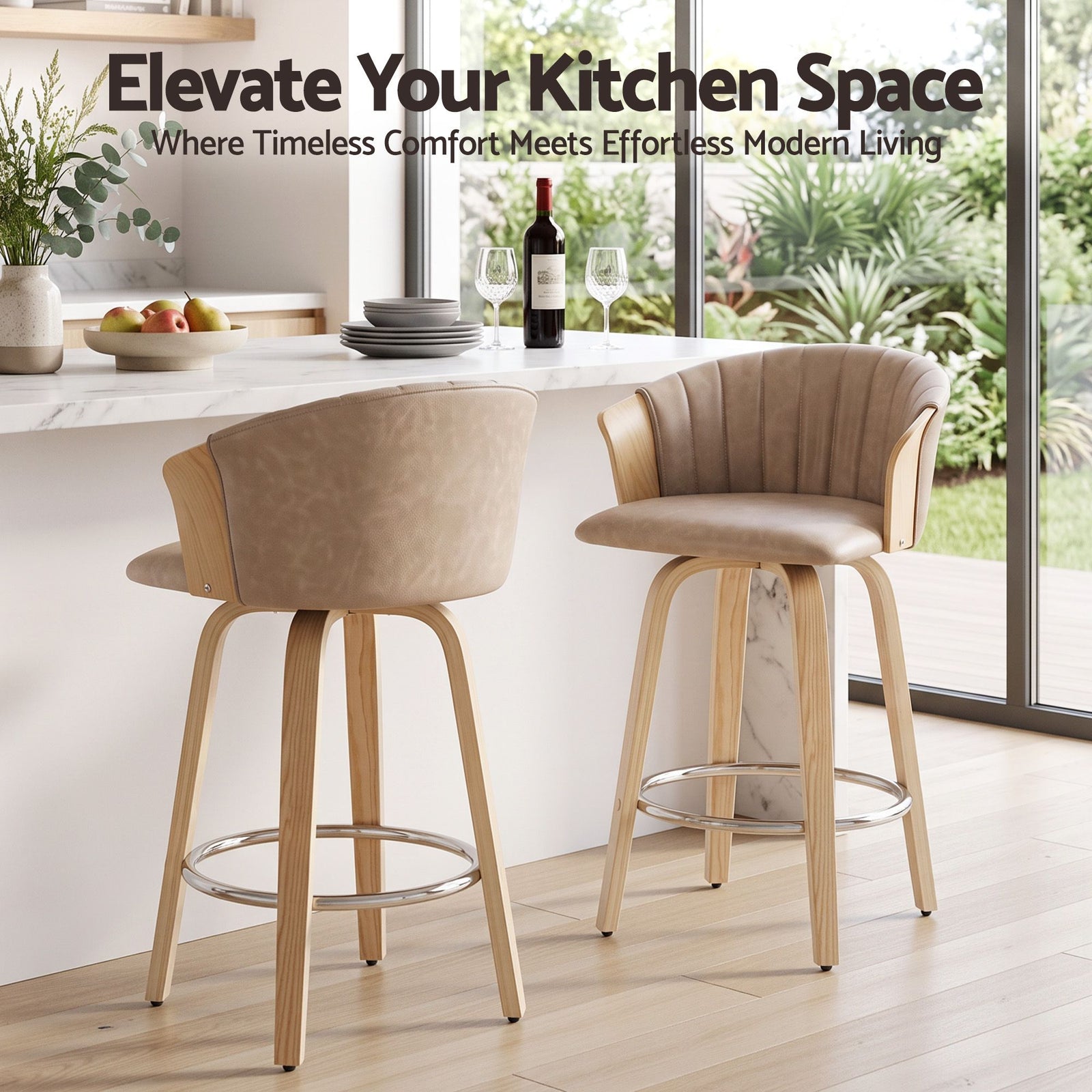 Artiss Wooden Bar Stools Set of 2 Swivel Kitchen Counter Stools Chair 66cm Khaki