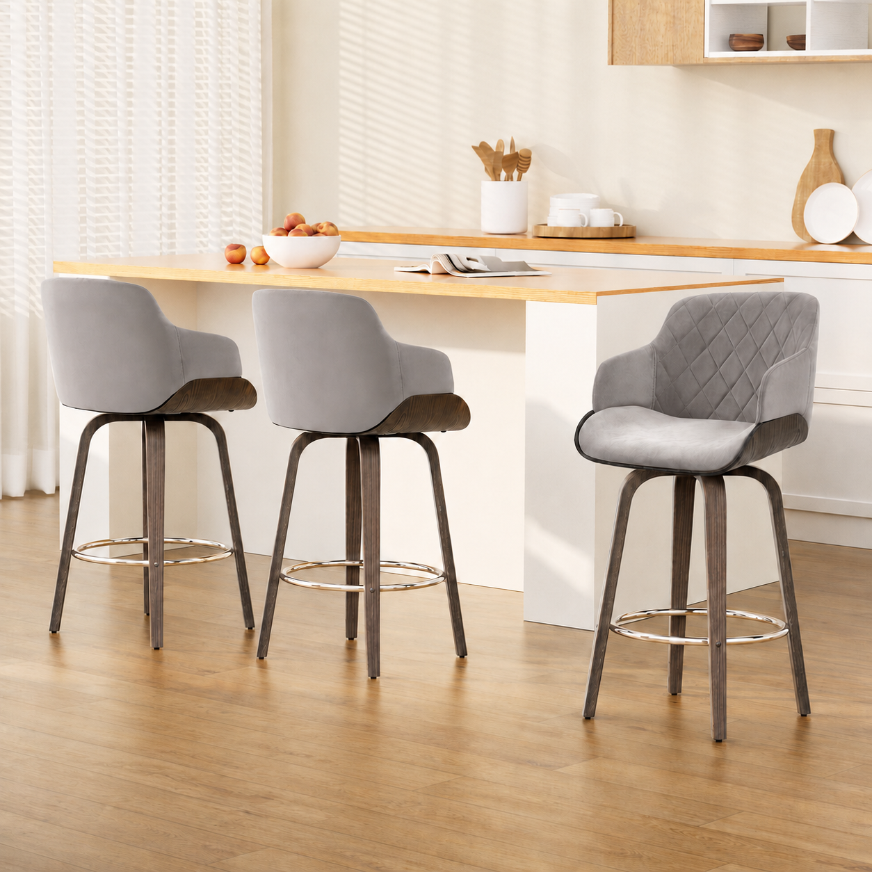 Artiss Bar Stools Set of 3 Kitchen Wooden Bar Stool Dining Chair Swivel Velvet