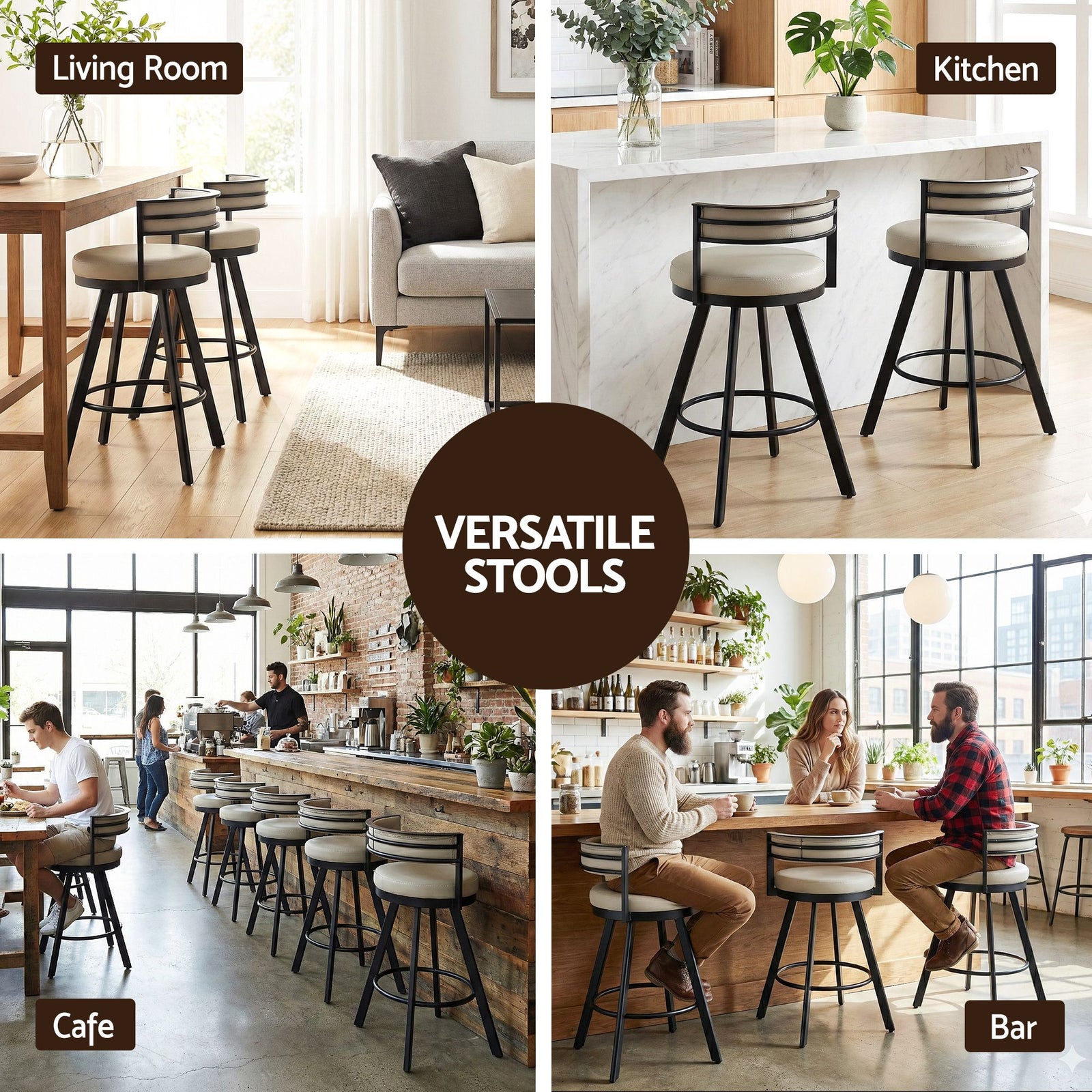 Artiss Bar Stools Set of 3 Swivel Counter Stools with Padded Backrest PU Leather Beige