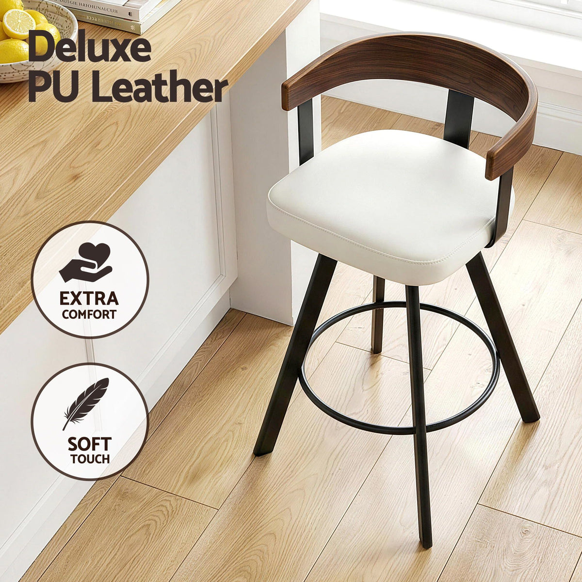 Artiss Bar Stools Set of 3 Swivel Counter Height Barstools with Bentwood Backrest PU Leather White