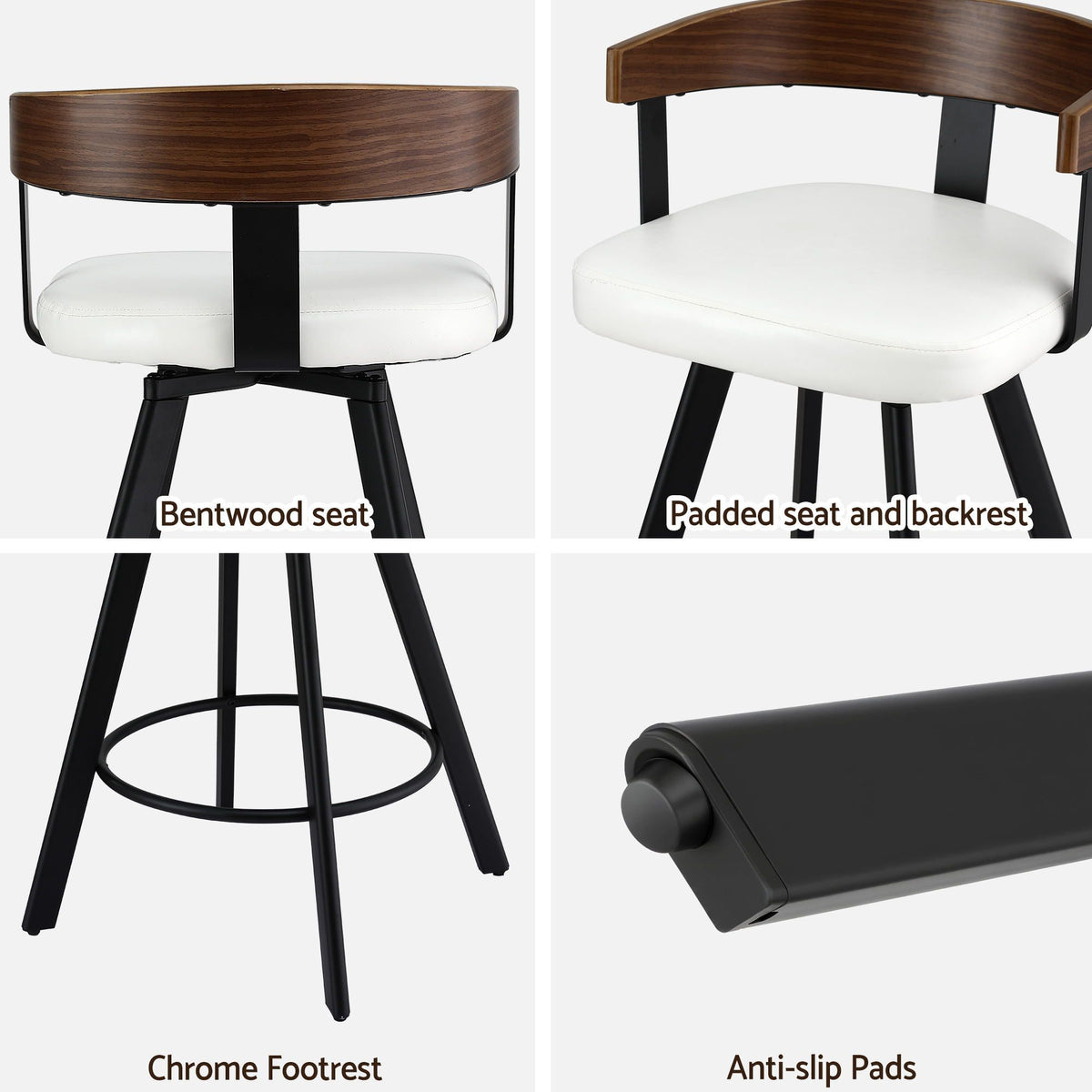 Artiss Bar Stools Set of 3 Swivel Counter Height Barstools with Bentwood Backrest PU Leather White