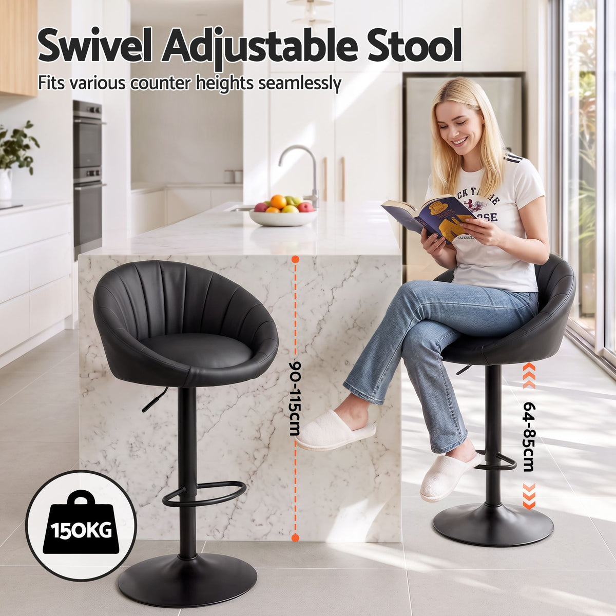 Artiss Bar Stool X2 Gas Lift Adjustable Rounded Shell Backrest PU Leather Black