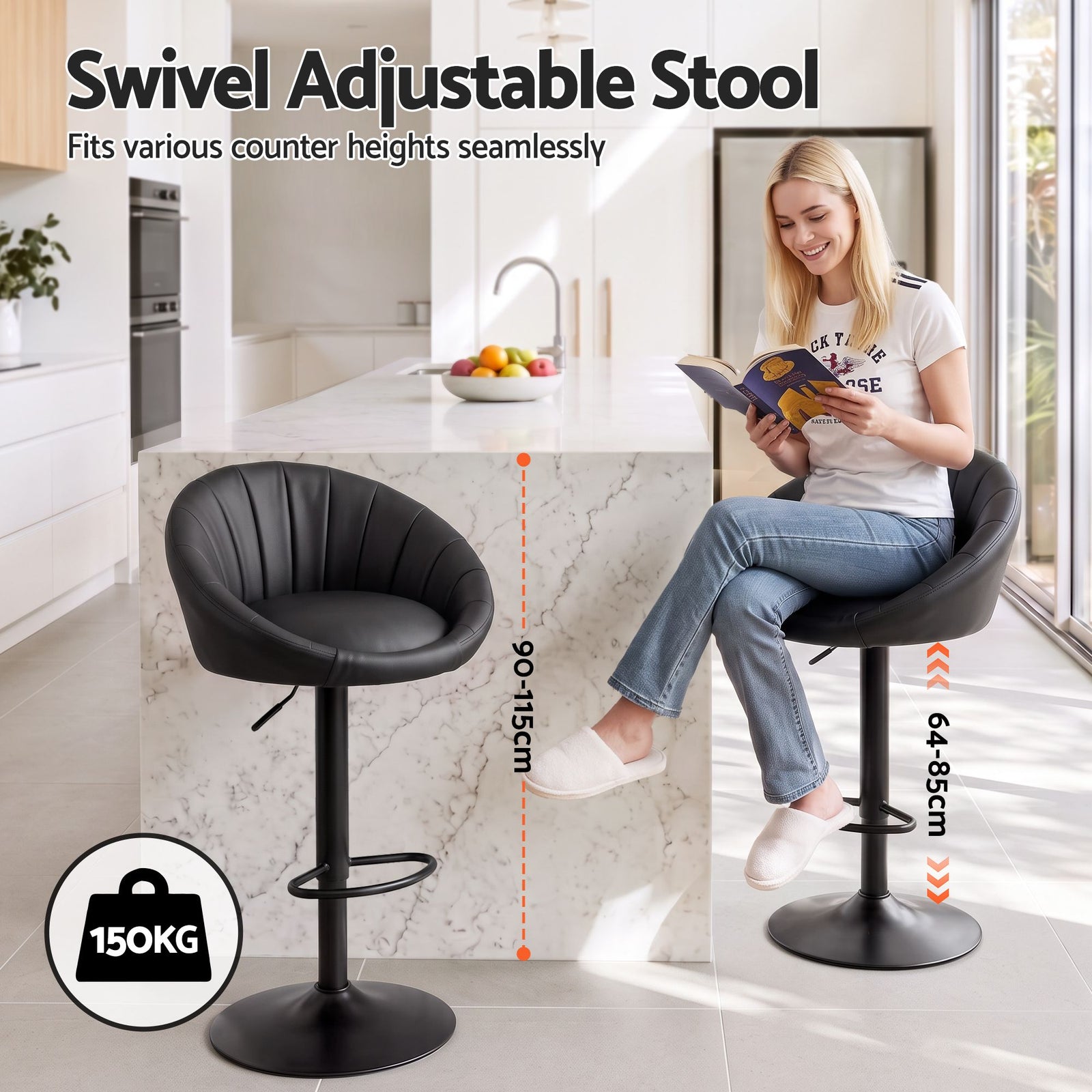 Artiss Bar Stools X4 Gas Lift Adjustable Rounded Shell Backrest PU Leather Black