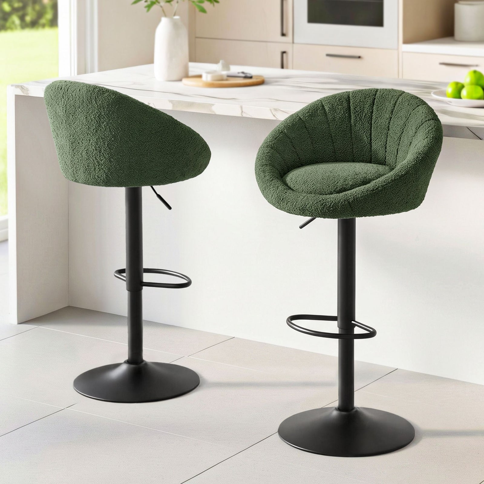 Artiss 2x Bar Stools Kitchen Chairs Gas Lift Adjustable Round Shell Boucle Green