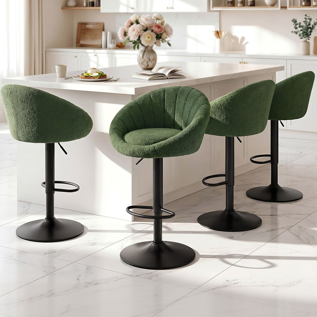Artiss 4x Bar Stools Kitchen Chairs Gas Lift Adjustable Round Shell Boucle Green