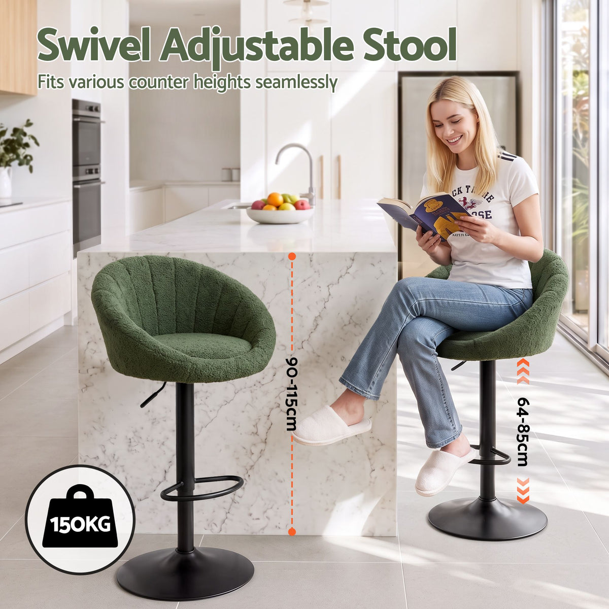 Artiss 4x Bar Stools Kitchen Chairs Gas Lift Adjustable Round Shell Boucle Green